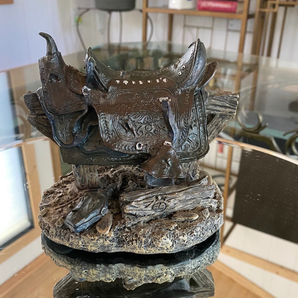 Vintage Western Saddle & Fence Figurine - Rustic Cowboy Decor Faux Bronze Finish